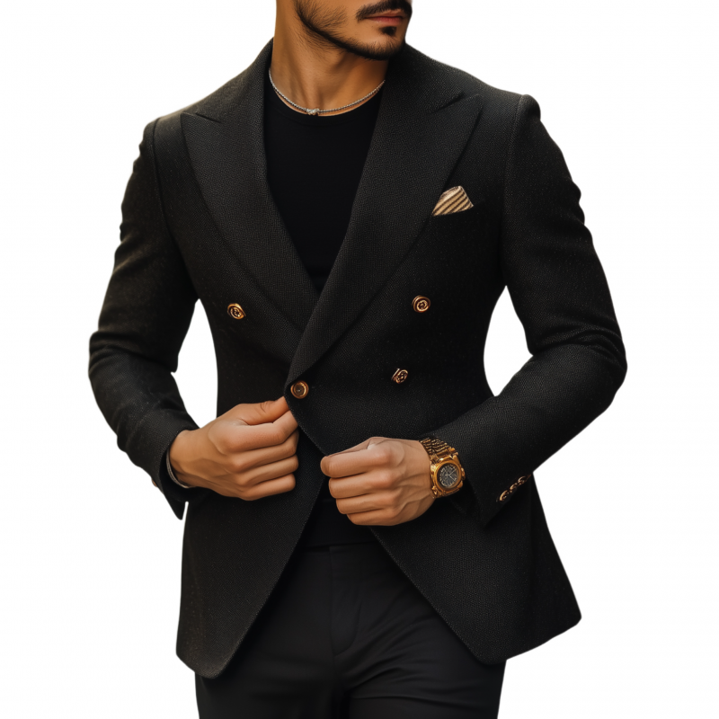 Men's Vintage Solid Color Cotton Blend Peaked Lapel Double Breasted Slim Fit Blazer MTA2510G9M