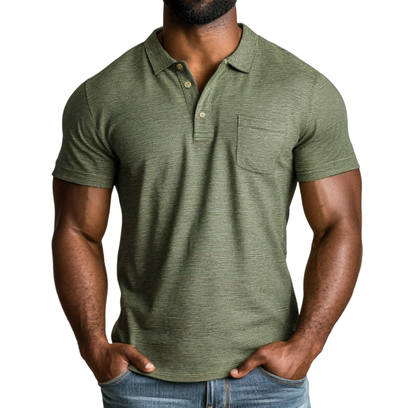 Men's Casual Premium Cotton Striped Lapel Patch Pocket Slim Fit Short Sleeve Polo Shirt MTA0880E5M