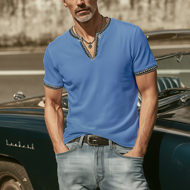 Men's Classic Casual V-neck Slim Fit Waffle Embroidery Short Sleeve T-shirt MTA0371G6K