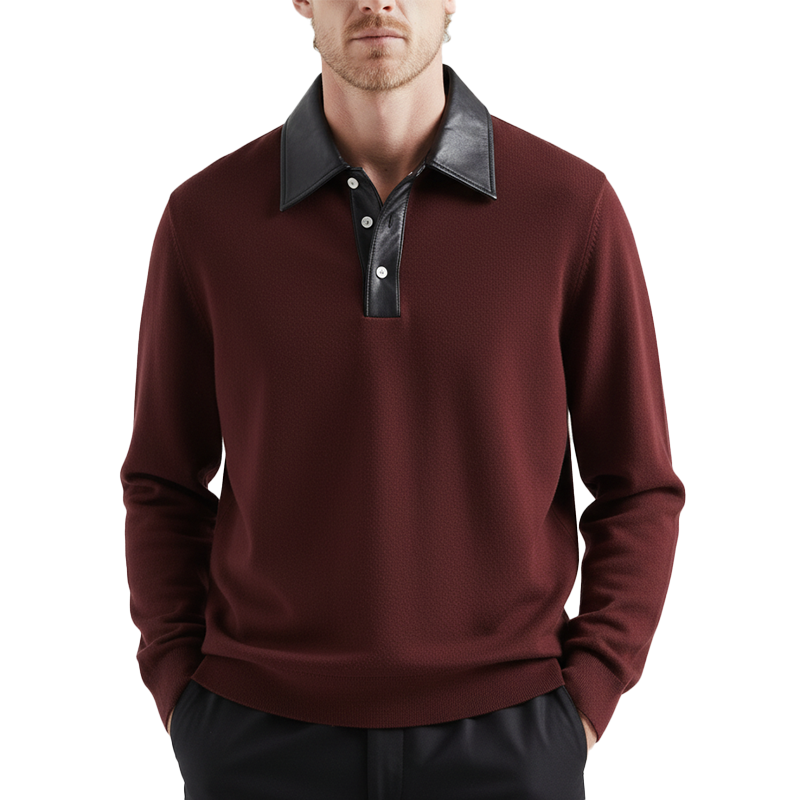 Men's Winter Retro PU Collar Knit Polo Shirt MTA2354J1P