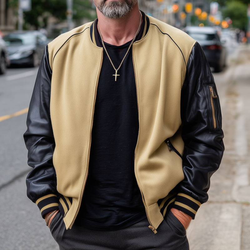 Men's Vintage Cotton And PU Leather Zippered Baseball Jacket MTA1912H8U