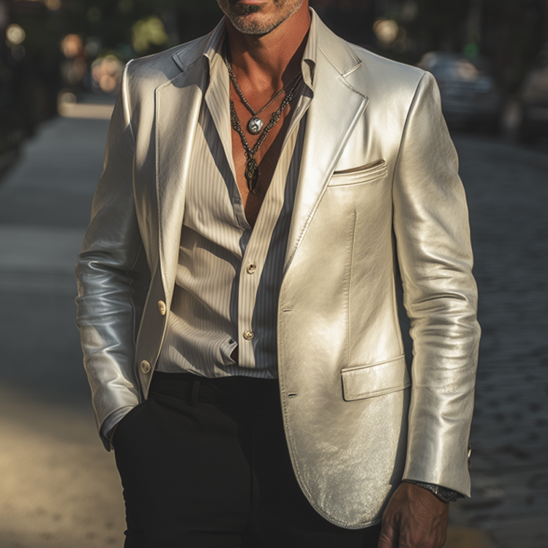 Men's Vintage Silver PU Leather Two-button Notched Lapel Blazer MTA2698H0U