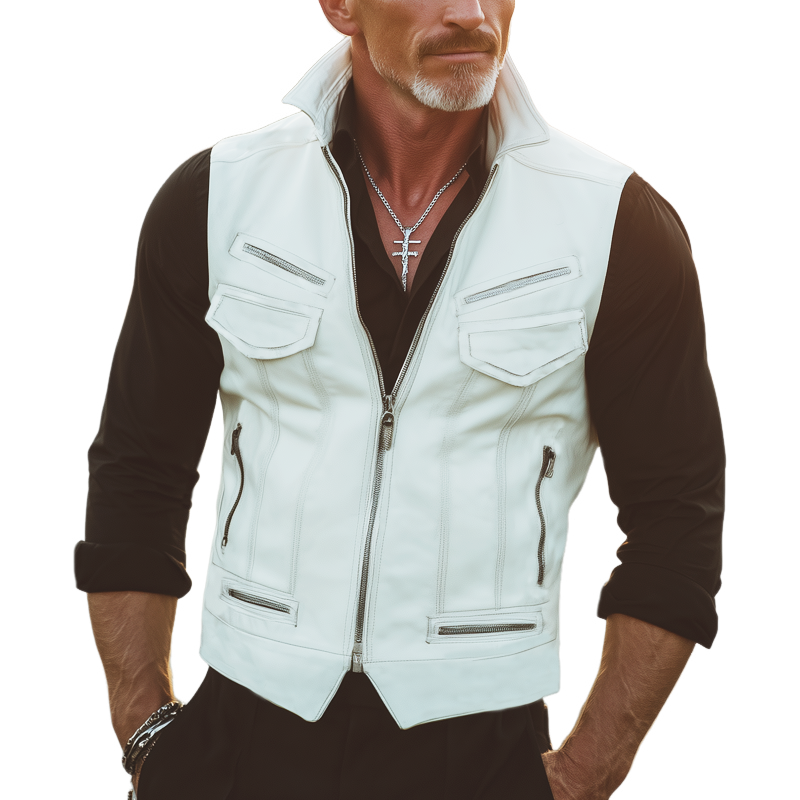 Men's Vintage Multi-Pocket Stand Collar PU Leather Zipper Vest MTA1413H2U
