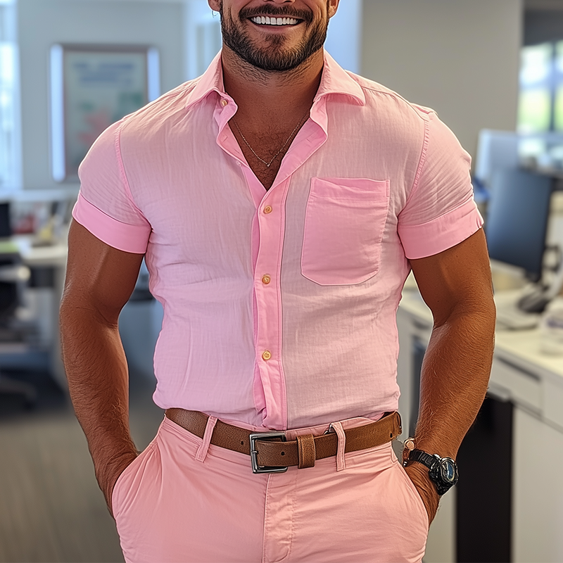 Men's Summer Fashion Solid Color Slub Cotton Short Sleeve Shirt MTA2377F8P