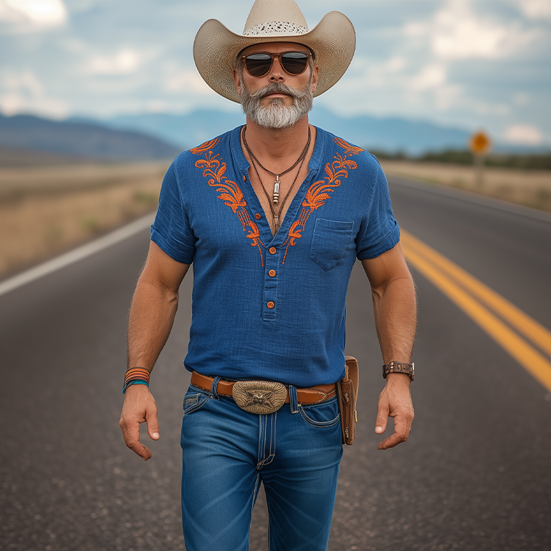 Men's Spring And Summer New Casual Vacation Retro Western Cowboy Style Cotton And Linen Embroidered Henry Collar Short-Sleeved T-Shirt MTA0918E3K
