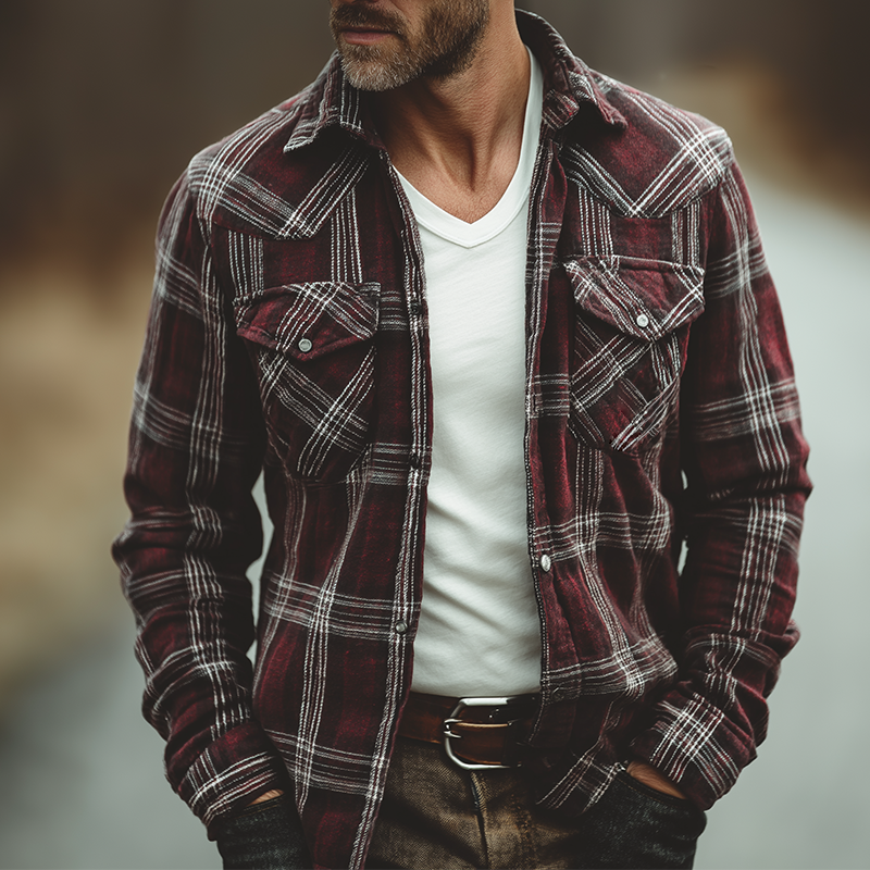 Men's Retro Casual Plaid Print Lapel Long-Sleeve Shirt Jacket MTA1189K6TO