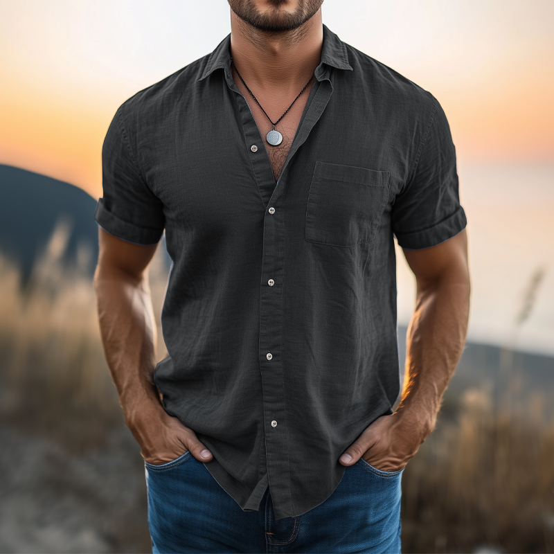 Men's Basic Solid Color Cotton And Linen Short Sleeve Shirt MTA2543G7U