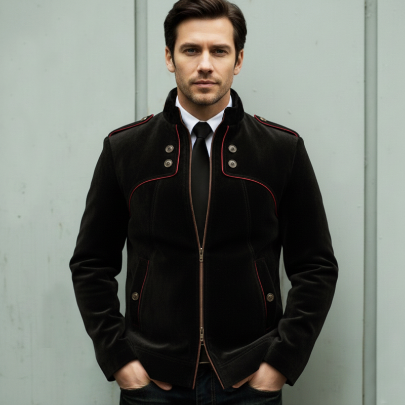 Men's Urban Velvet Stand Collar Zipper Color Block Slim Fit Jacket MTA1850L4U