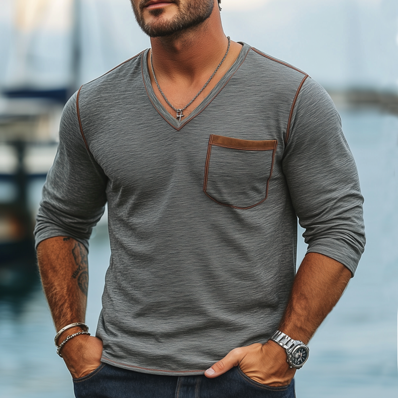 Men's Spring And Autumn V-neck Cotton Long Sleeve T-shirt MTA2878G7U
