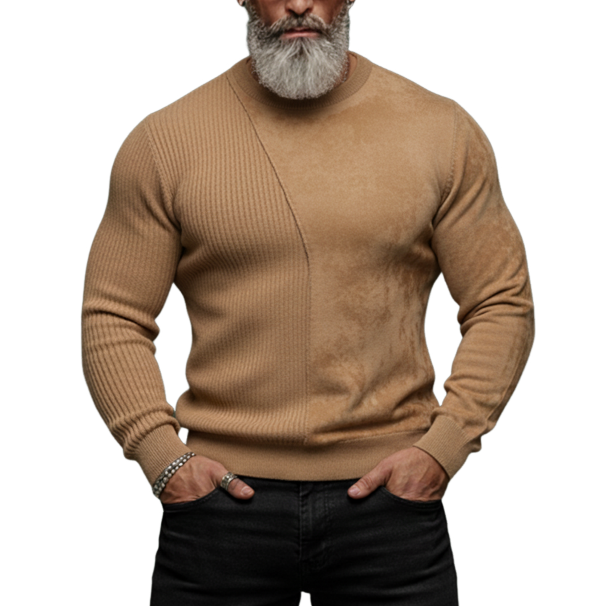 Men's Classic Casual Knit Ribbed And Faux Suede Slim Fit Crew Neck Sweatshirt MTA0825K4K