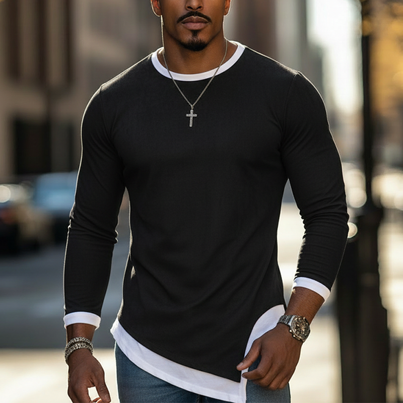 Men's Spring Fashion Color-block Cotton Blend Crew Neck Long-sleeved T-shirt MTZ0562A2P
