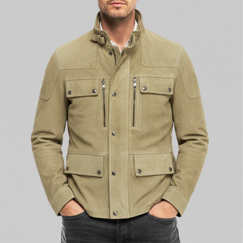 Men's Classic Stand Collar Multi-pocket Suede Jacket MTA1105J8U