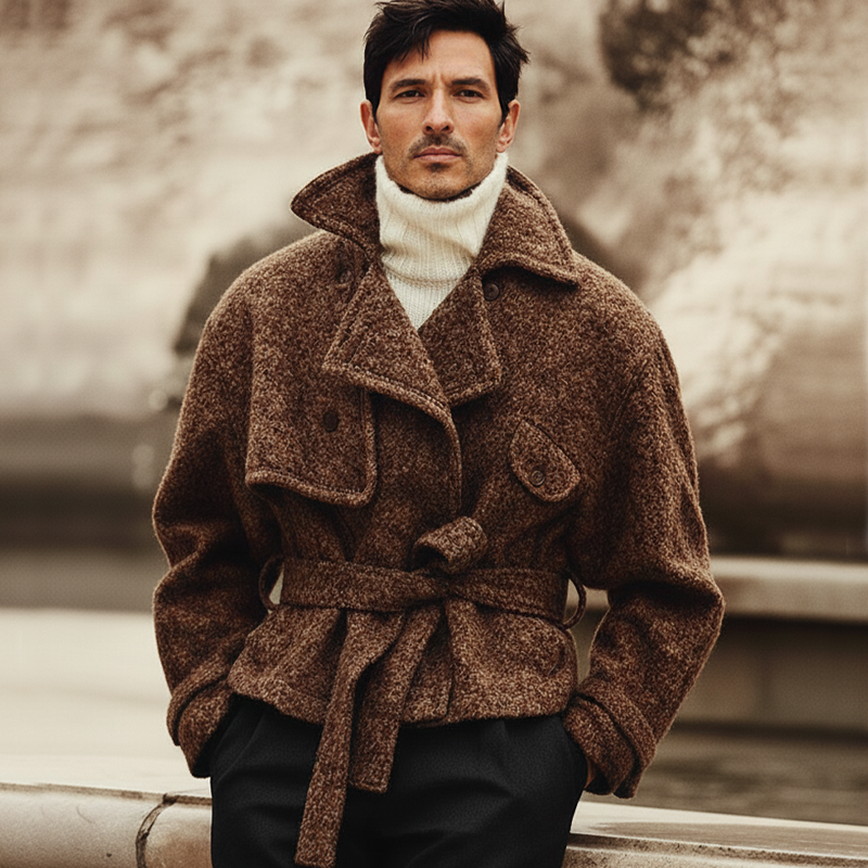 Men's Classic Vintage Tweed Notched Lapel Belted Jacket MTA2634K0U