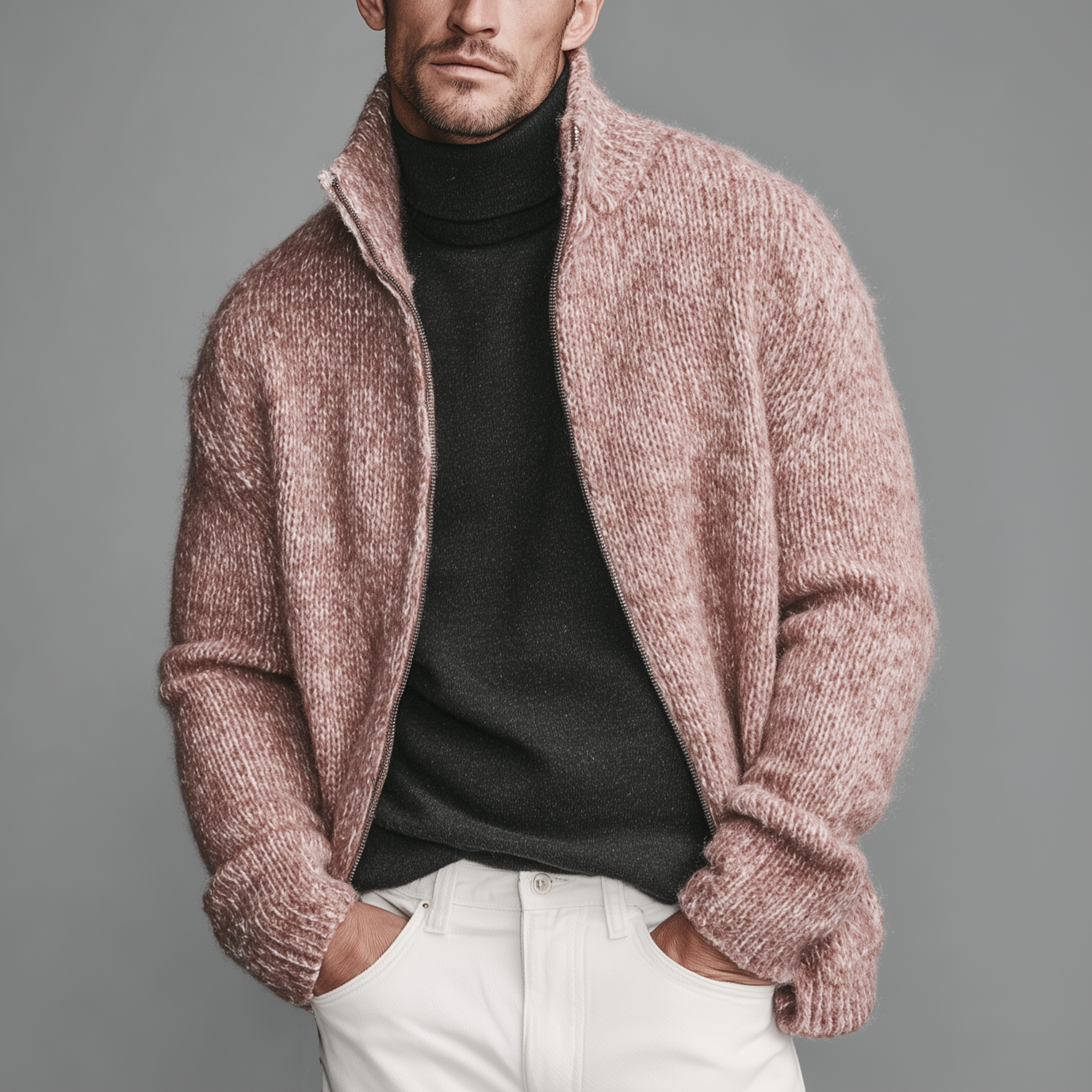 Men's Classic Casual Pink Stand Collar Zipper Knitted Cardigan MTA1808I6K