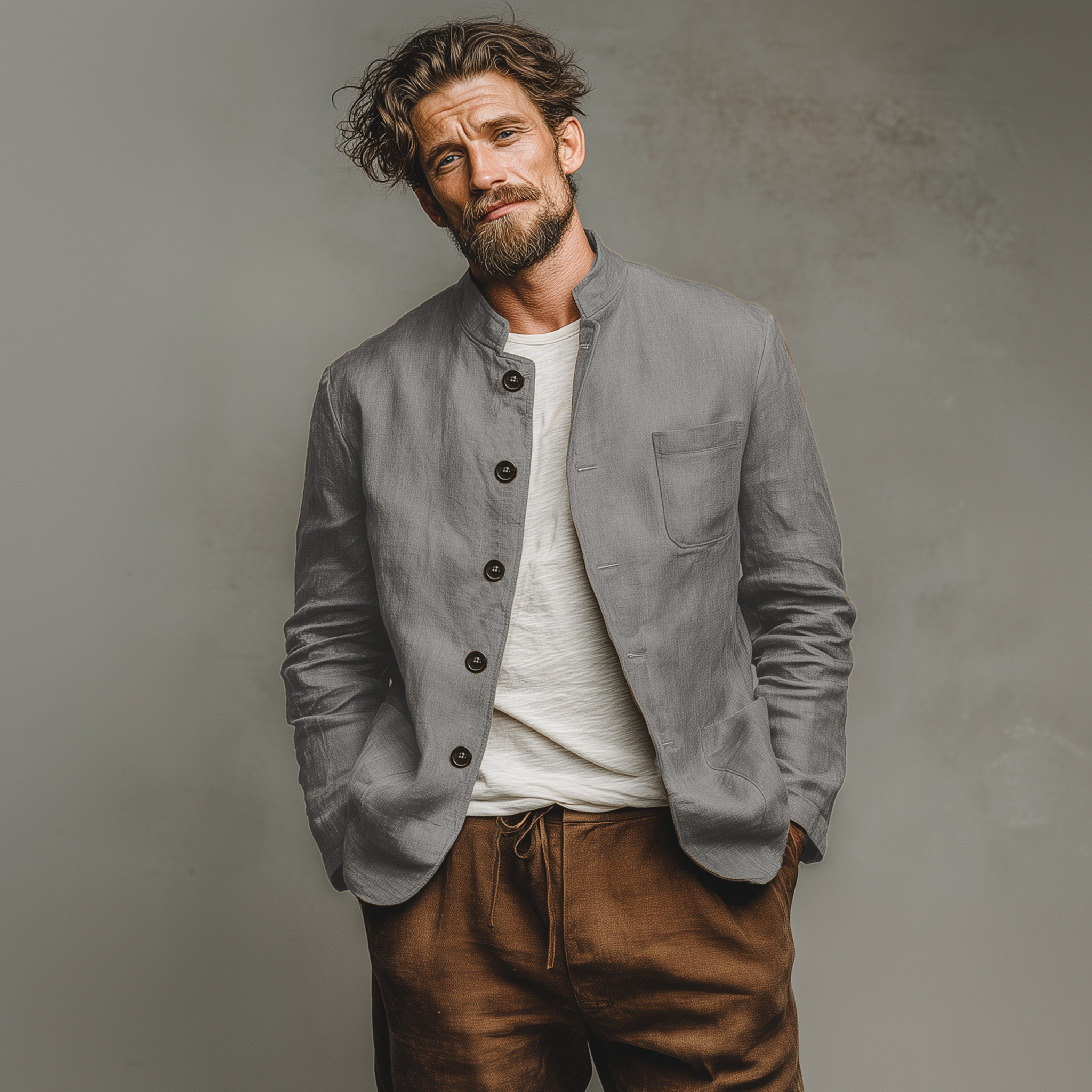 Men's Classic Casual Stand-up Collar Cotton And Linen Multi-pocket Thin Jacket MTA2596G7K
