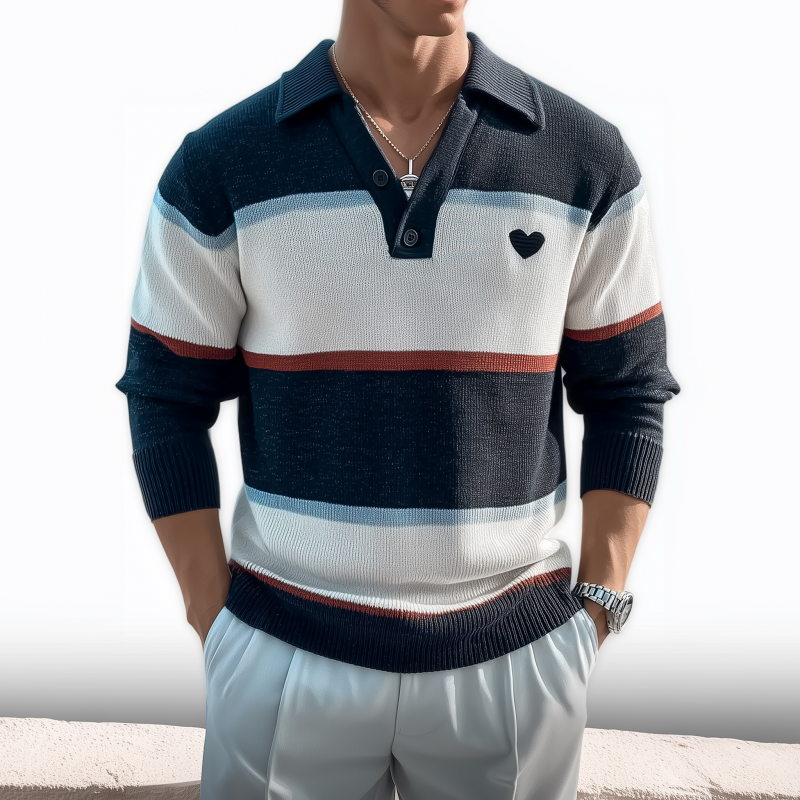 Men's Casual Breathable Lapel Contrast Striped Loose Knit Long-sleeved Polo Shirt MTA3193G2M