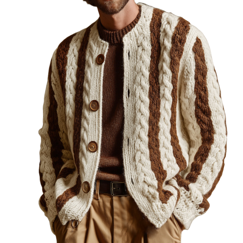 Men's Retro Casual Striped Color Block Knit Button Cardigan MTA1053K9TO