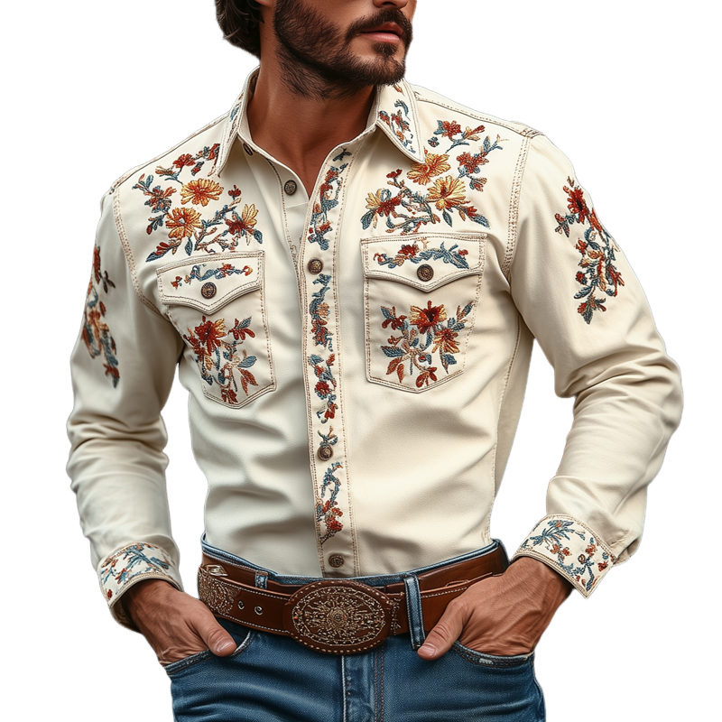 Men's Western Cowboy Style Embroidered Lapel Chest Pocket Long Sleeve Cotton Shirt 24193428Z