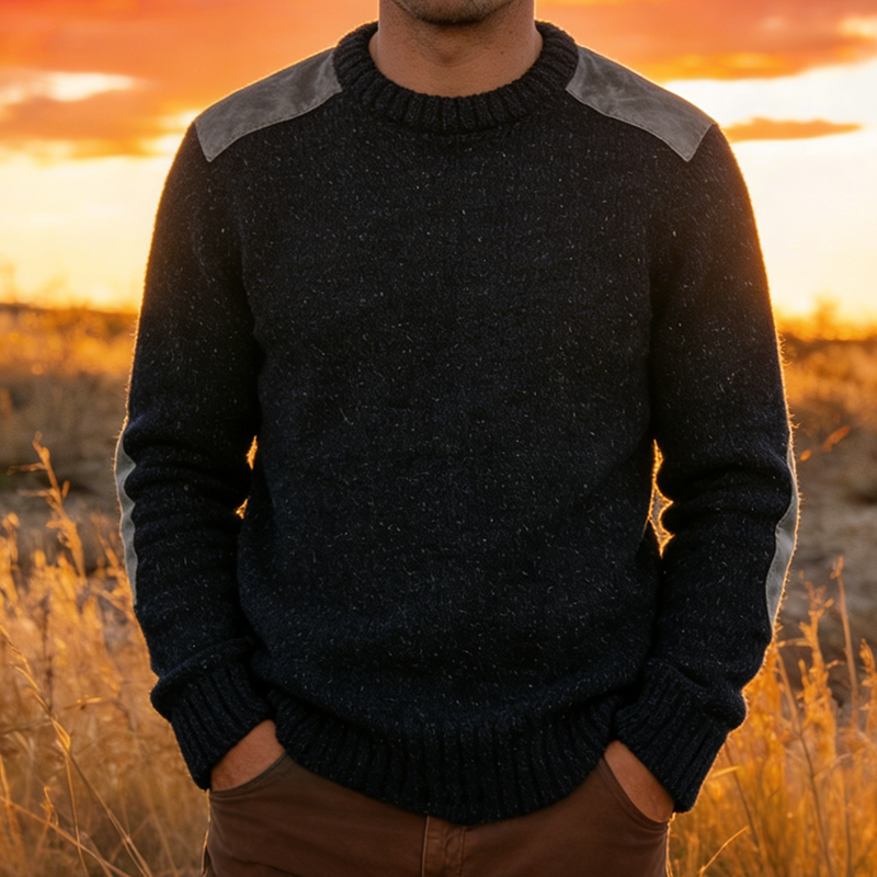 Men's Retro Casual Faux Suede Patchwork Knit Crew Neck Sweater MTA1208L3TO