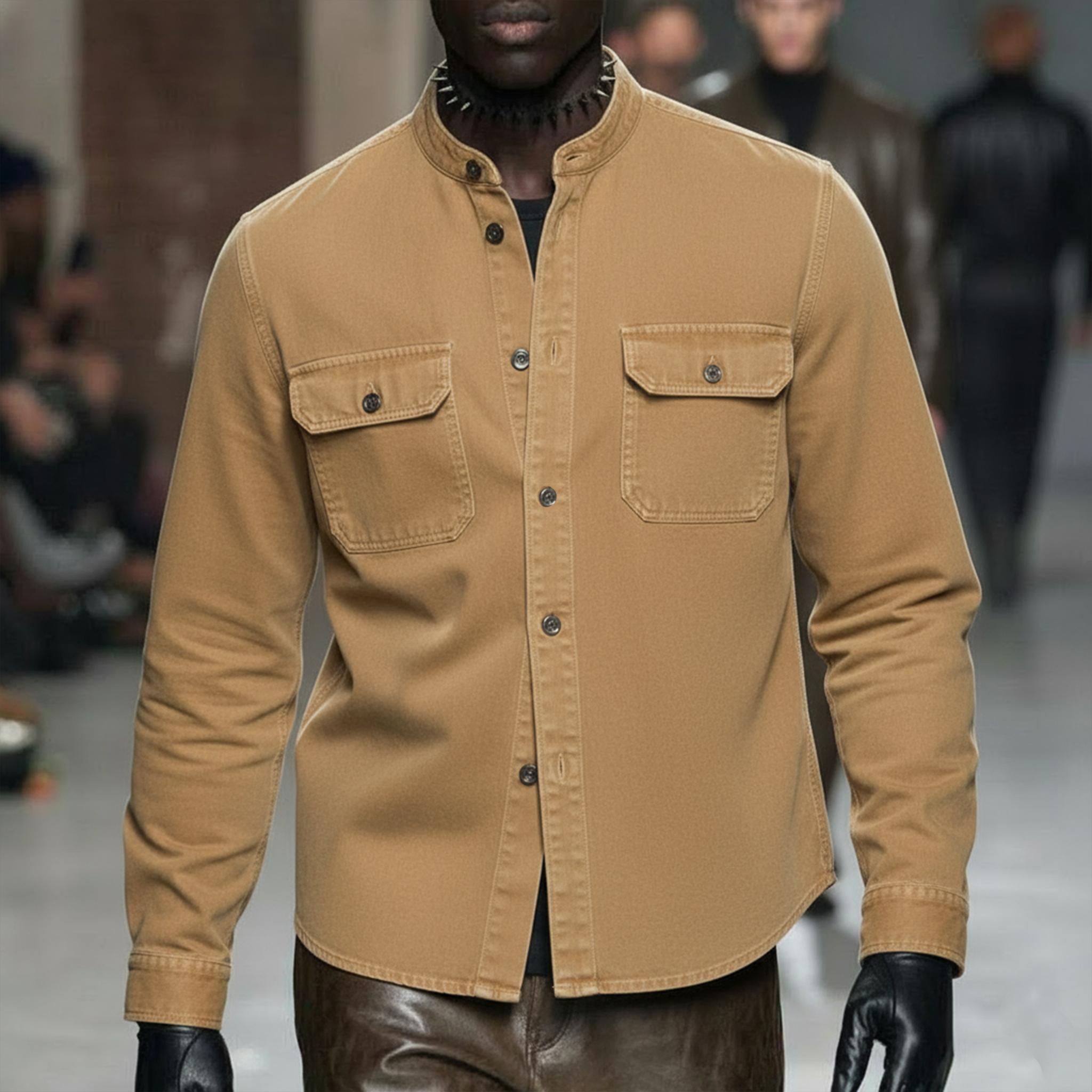 Men's Classic Casual Stand-collar Washed Cotton Long-sleeved Shirt MTZ0566A0K