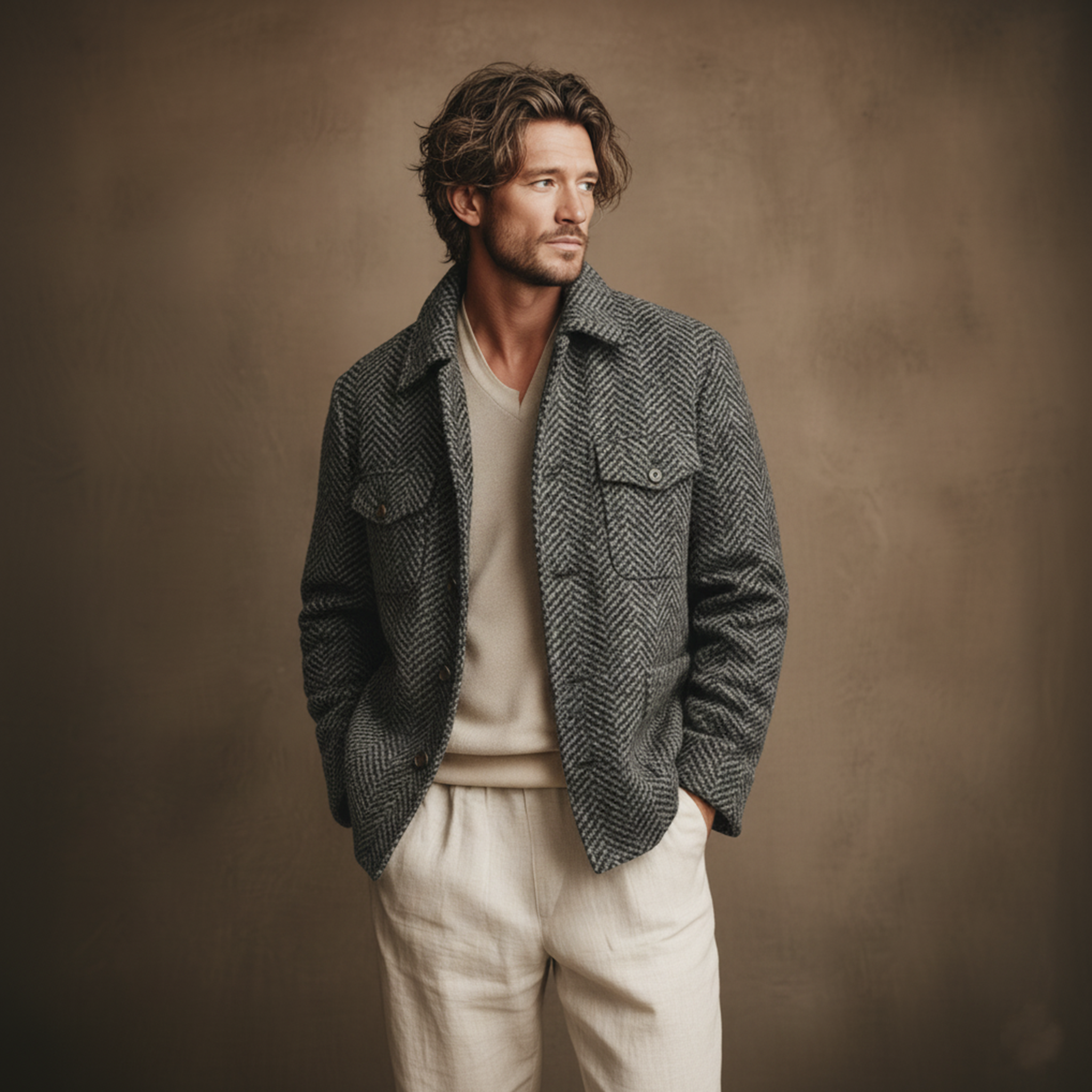 Men's Classic Light Business Faux Herringbone Pattern Wool Lapel Multi-pocket Jacket MTA1055J8K
