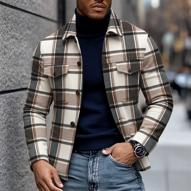 Men's Casual Lapel Multi-pocket Blend Plaid Jacket MTA3033I5X