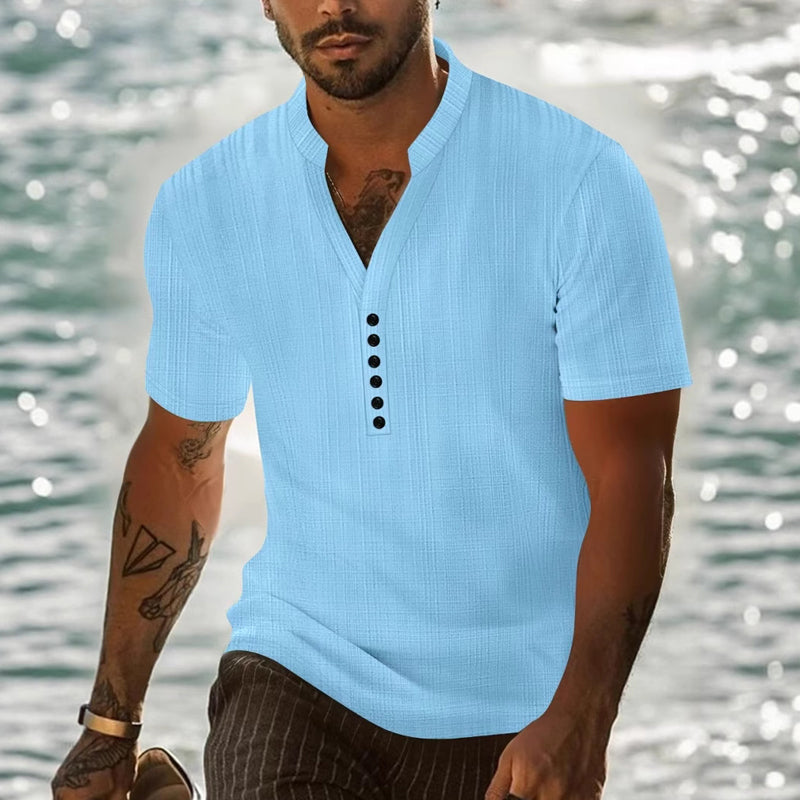 Men's solid color casual pullover button short-sleeved T-shirt MTA0625E4X