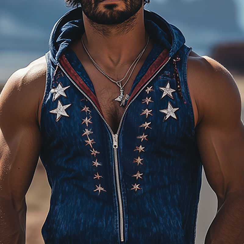 Men's Spring And Summer Fashion Casual Retro Western Cowboy Style Denim Embroidery Deep V Neck Zipper Slim Fit Hooded Tank Top MTA0929E0K