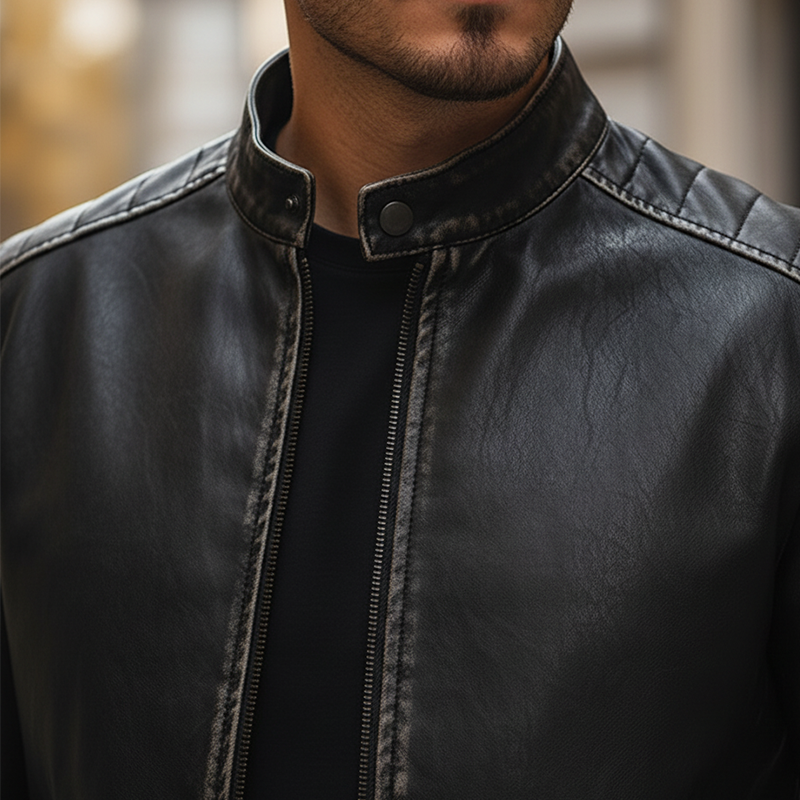 Men's Vintage Distressed PU Faux Leather Zip-up Jacket MTA2378L0P