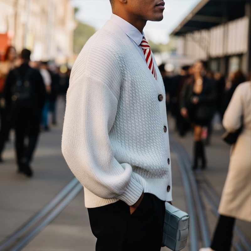 Men's Classic Casual White Button-down Knit Cardigan MTA3002J8U