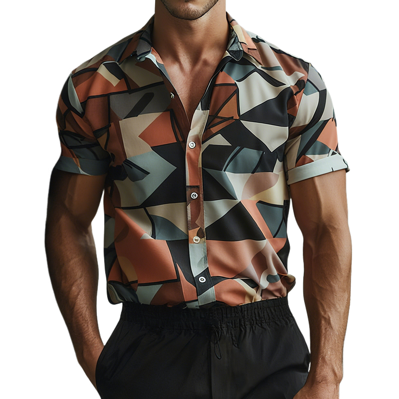 Men's Geometric Print Lapel Short Sleeve Shirt MTA2425G4Z