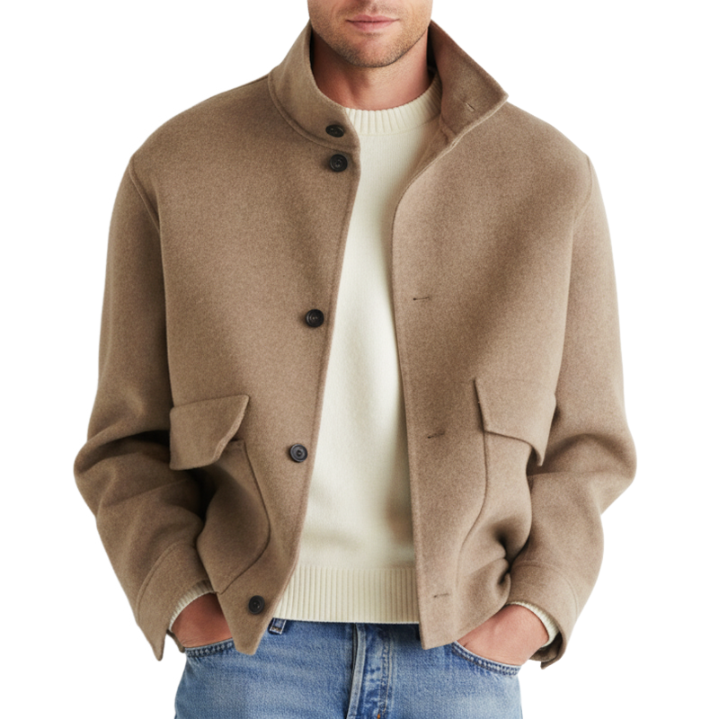 Men's Classic Business Khaki Stand-up Collar Faux Wool Jacket MTA1629L1U