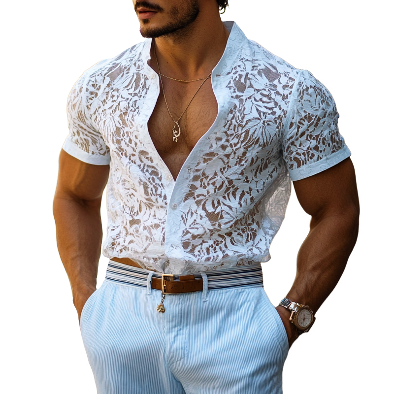 Men's Fashion Lace Stand Collar Short Sleeve Casual Shirt MTA1226E5Z