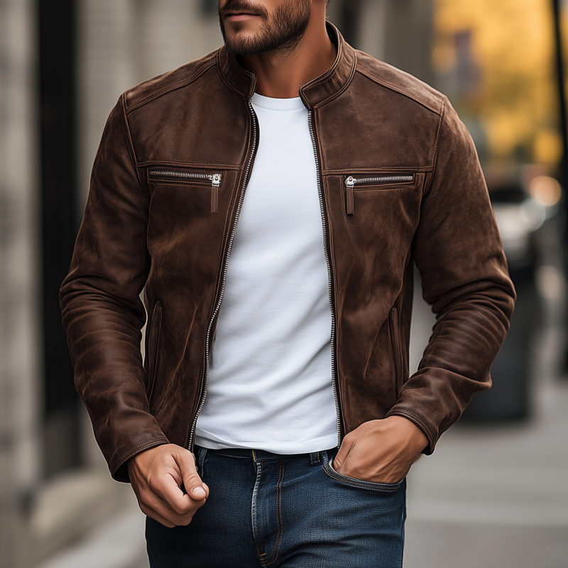 Men's Vintage Matte Faux Leather Stand Collar Zipper Placket Zipper Pocket Slim Fit Jacket MTA0571H7M