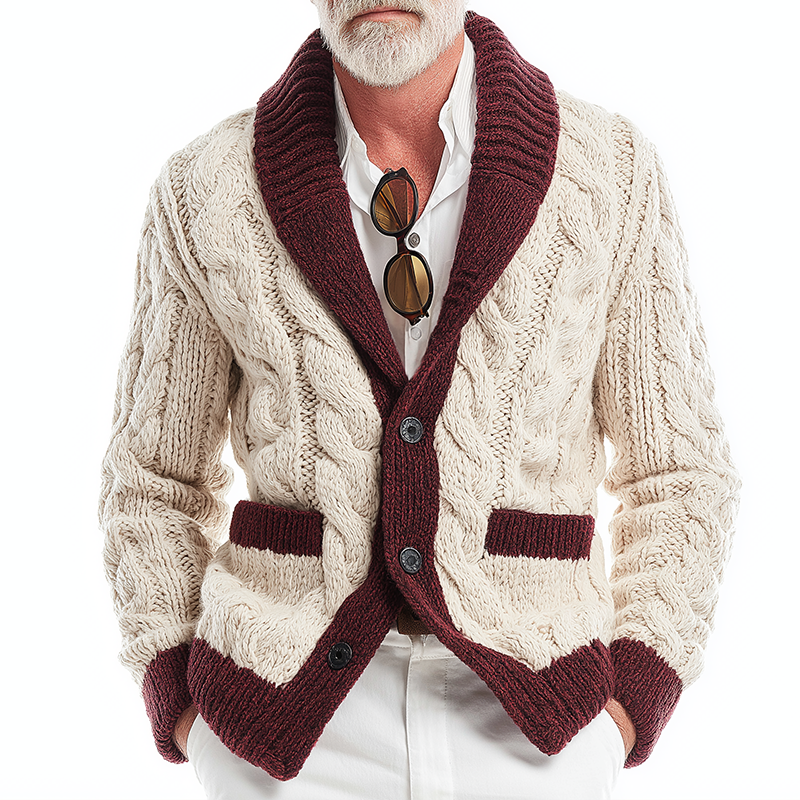Men's Retro Casual Cable Knit Color Block Knit Button Cardigan MTA2893J2TO