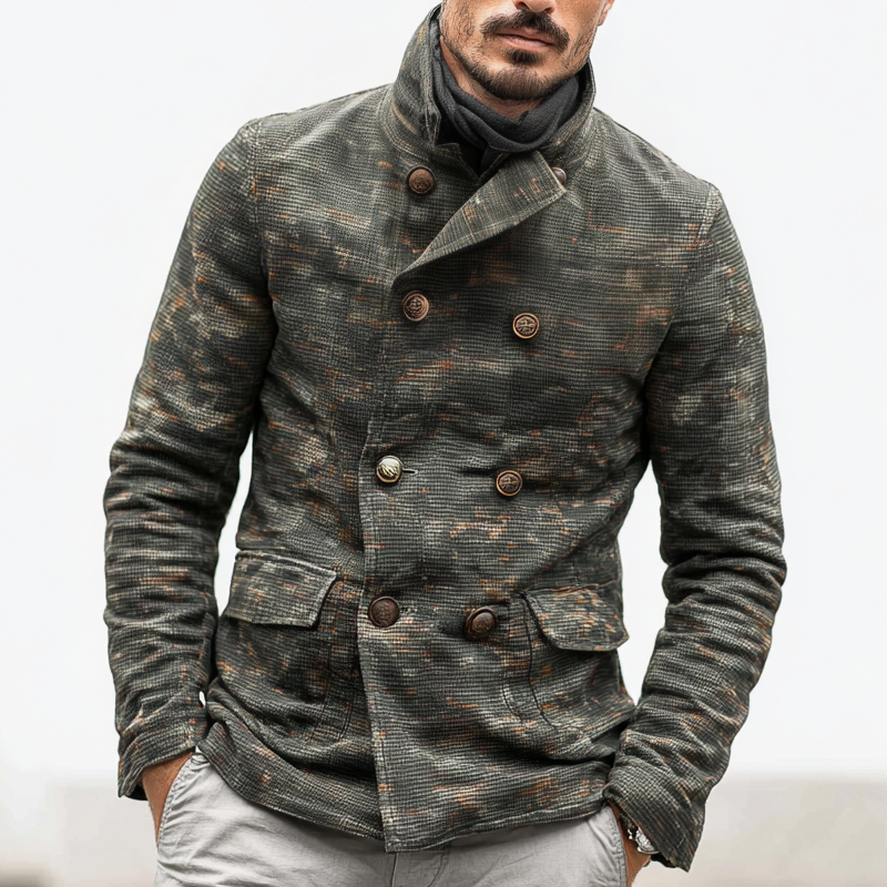 Men's Camouflage Waffle Stand Collar Double Breasted Casual Jacket MTA1879H0Z