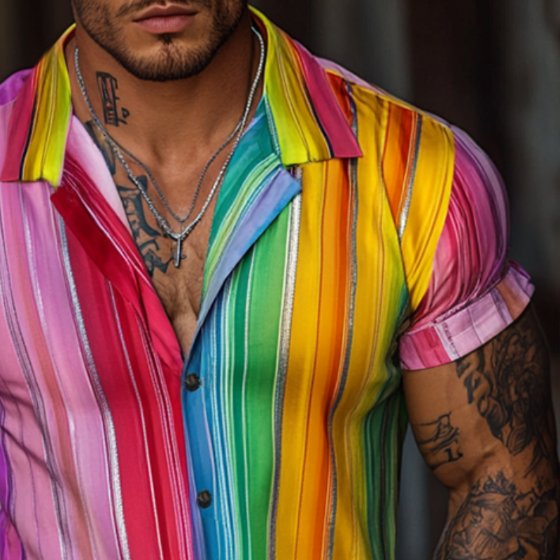 Men'S Retro Casual Rainbow Stripe Print Lapel Short Sleeve Shirt MTA0979E6TO