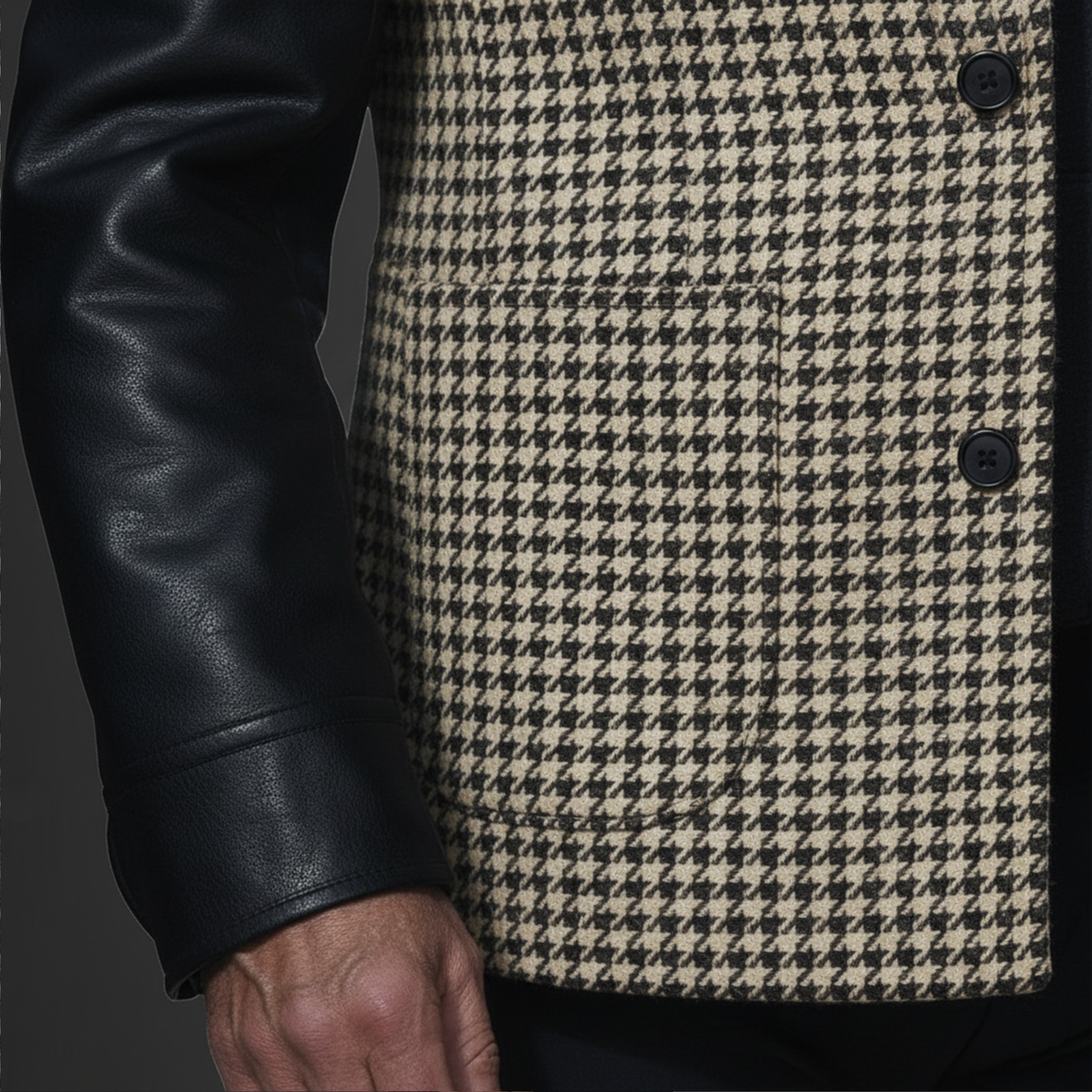 Men's Classic Retro Sleeves Stitching PU Leather Stand Collar Faux Houndstooth Woolen Jacket MTA2850I6K