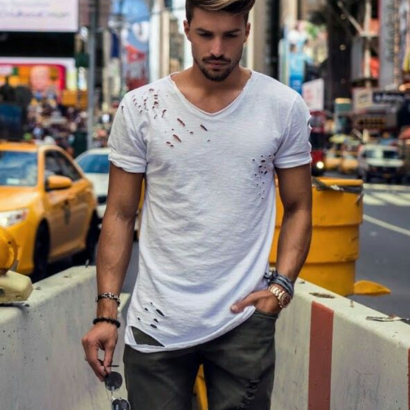 Men's Fashion Casual Slim Round Neck Ripped Short Sleeve T-shirt 28209779K