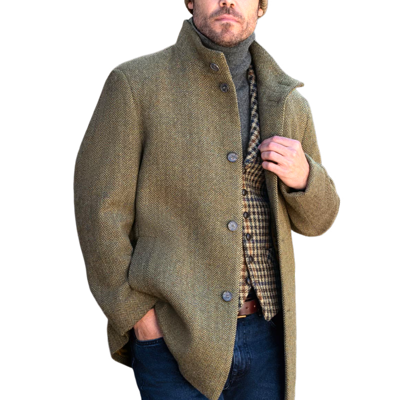 Men's Herringbone Stand Collar Single-Breasted Casual Coat MTA1668I5Z