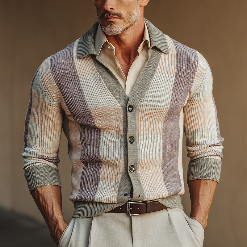 Men's Autumn Fashion Contrast Color Vertical Stripes Knitted Sweater Cardigan MTA1679I0P