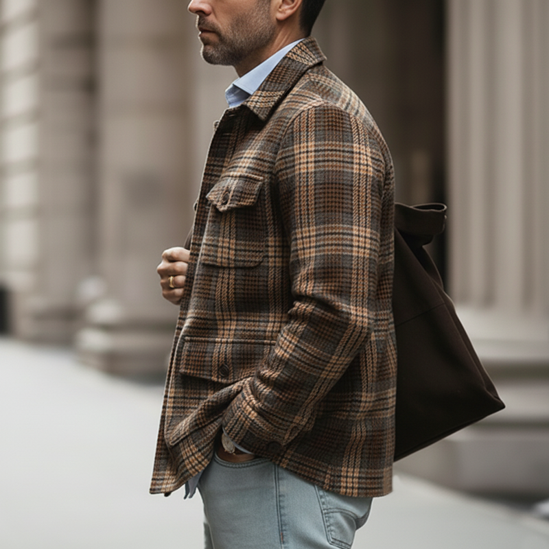 Men's Autumn/Winter Retro Business Plaid Brushed Faux Woolen Long-Sleeved Shirt MTA1177L9U