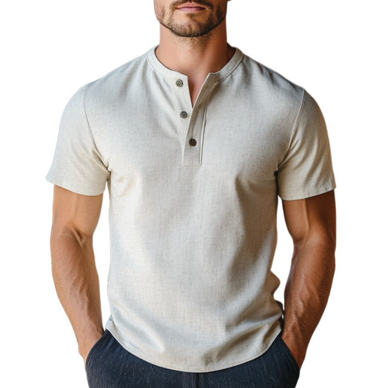Men's Casual Breathable Linen Blend Henley Collar Slim Fit Short Sleeve Shirt MTA2996D5M