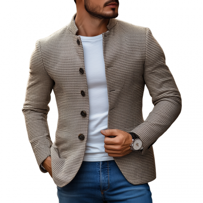 Men's Vintage Houndstooth Stand Collar Single-breasted Slim-fit Blazer MTA0407H9M