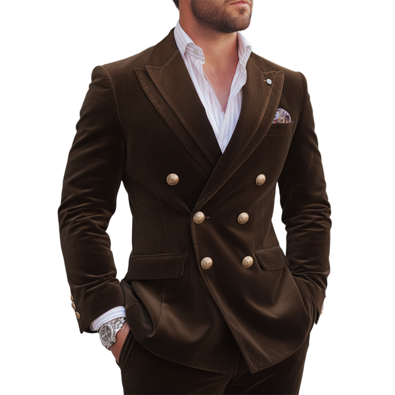 Men's Business Coffee Velvet Double-Breasted Double-Vent Blazer MTA0440K2U