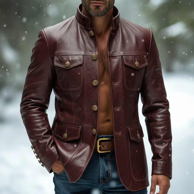 Men's Retro Casual PU Stand Collar Leather Jacket MTA2824K0TO