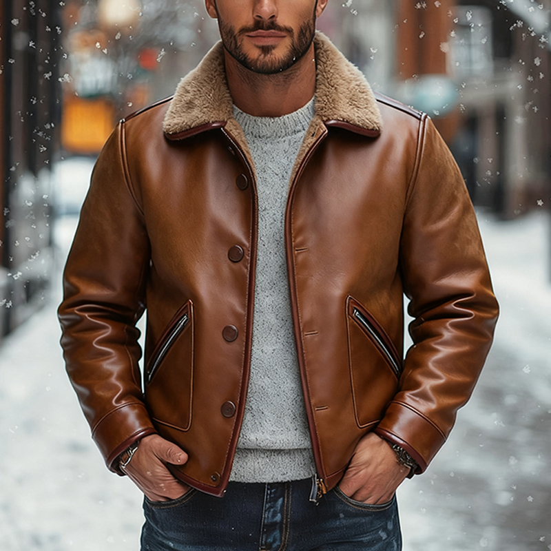 Men's Retro PU Solid Color Zipper Splicing Lapel Polar Fleece Jacket MTA2271J3X
