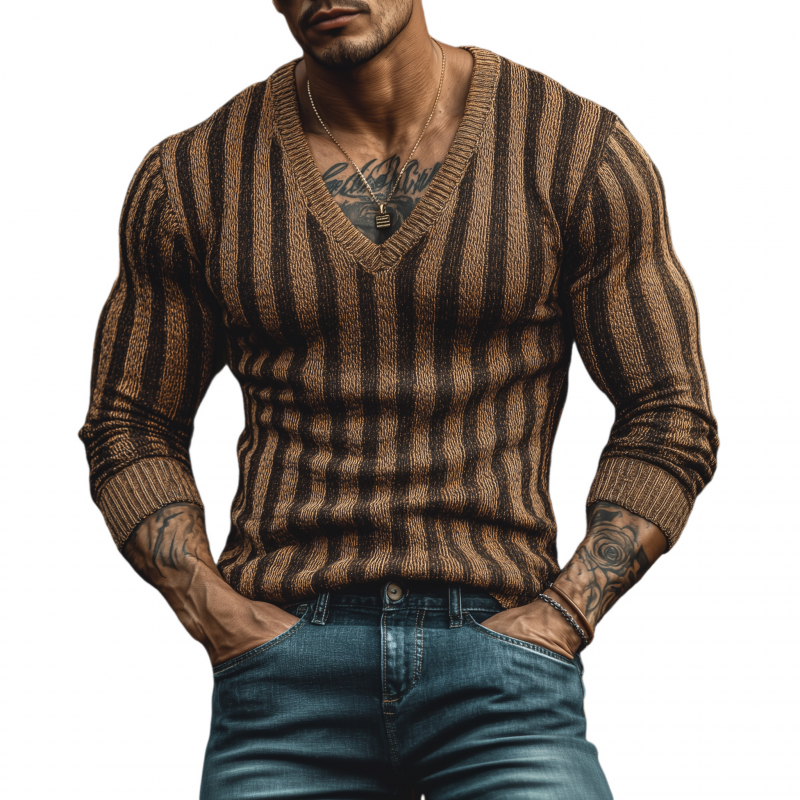 Men's Vintage Contrast Vertical Striped V-Neck Slim Fit Knit Pullover Sweater MTA1877H4M