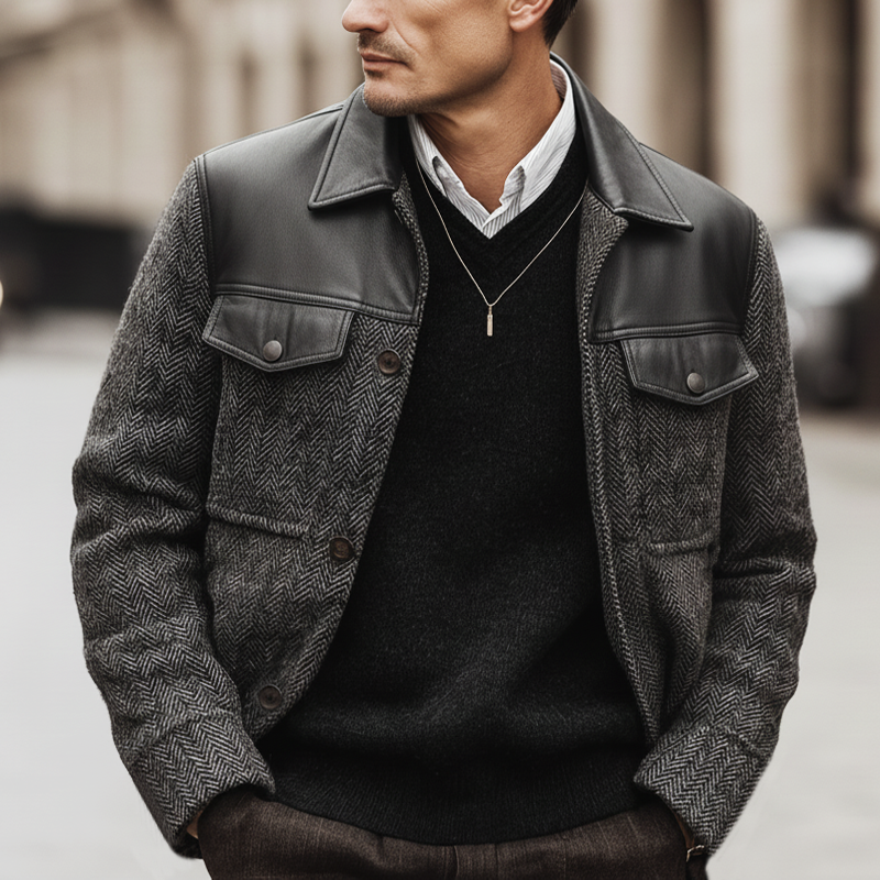 Men's Classic PU Leather Patchwork Faux Wool Button Jacket MTA3038K7U