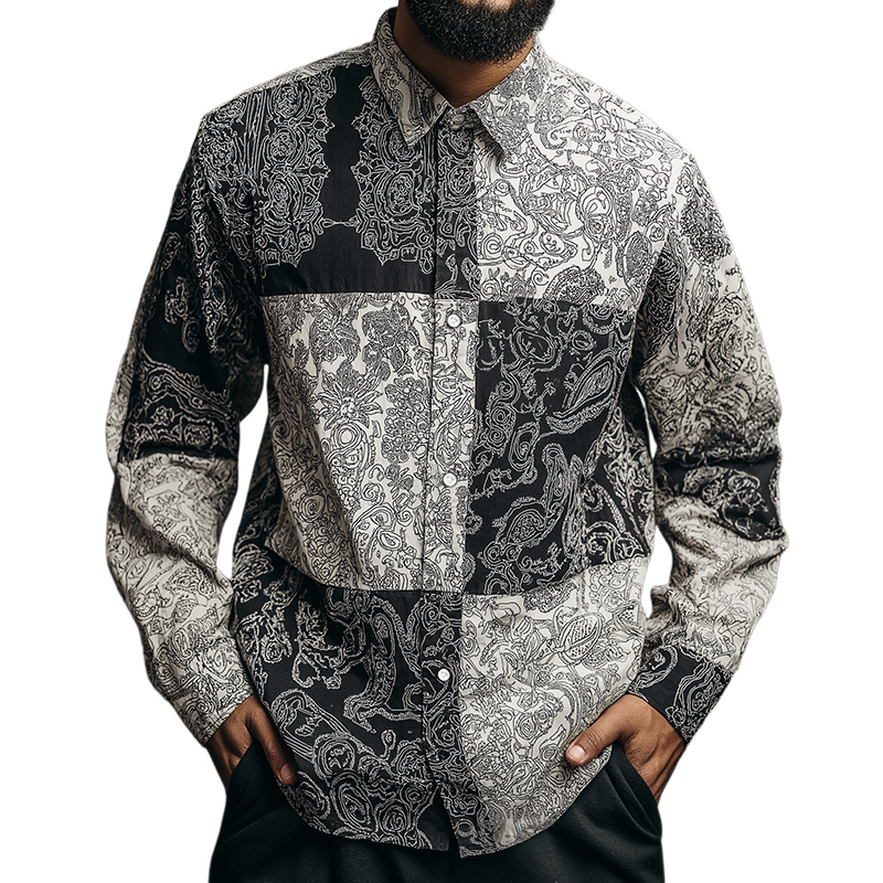 Men's Retro Casual Paisley Colorblock Lapel Long Sleeve Shirt MTA0642H0TO